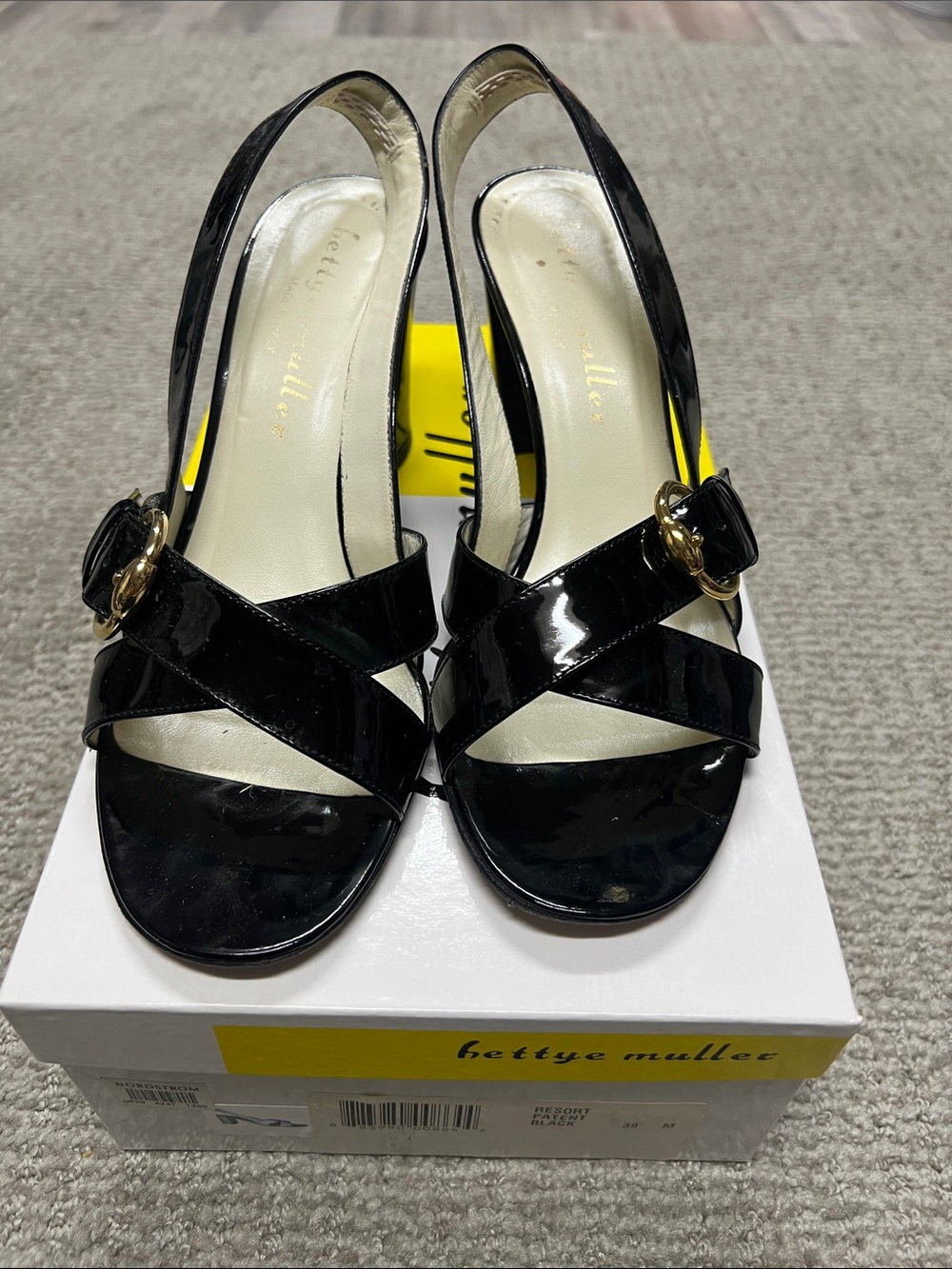 bettye muller Black Patent Crisscross Slingback Heels with Gold Buckle